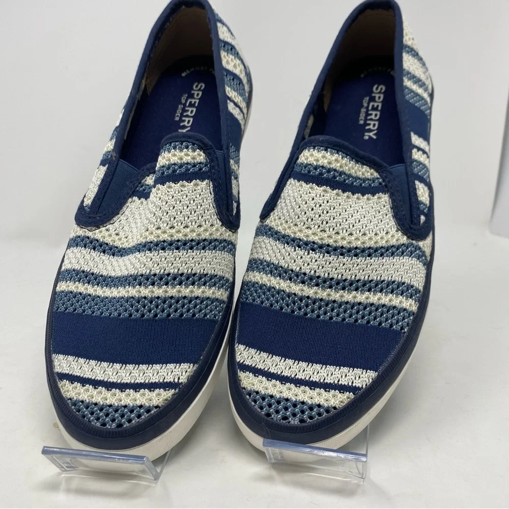 Sperry Top Siders Seaside Blue & White Stripe Mesh Slip Ons Sz 8